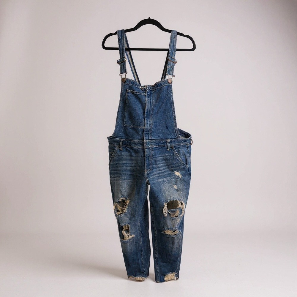 Hollister California Womens L Blue Denim Super Skinny Crop Overall Jeans Ripped